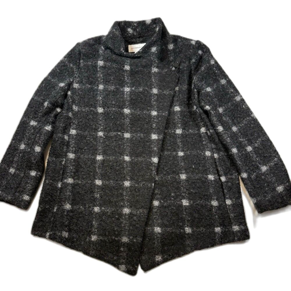 Liz Claiborne Womens XL Gray Grid Plaid Bouclé Coat Asymmetrical Toggle Closure